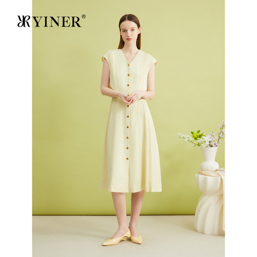 【柔润醋酸】YINER音儿女装夏季法式优雅V领小盖袖鹅黄连衣裙