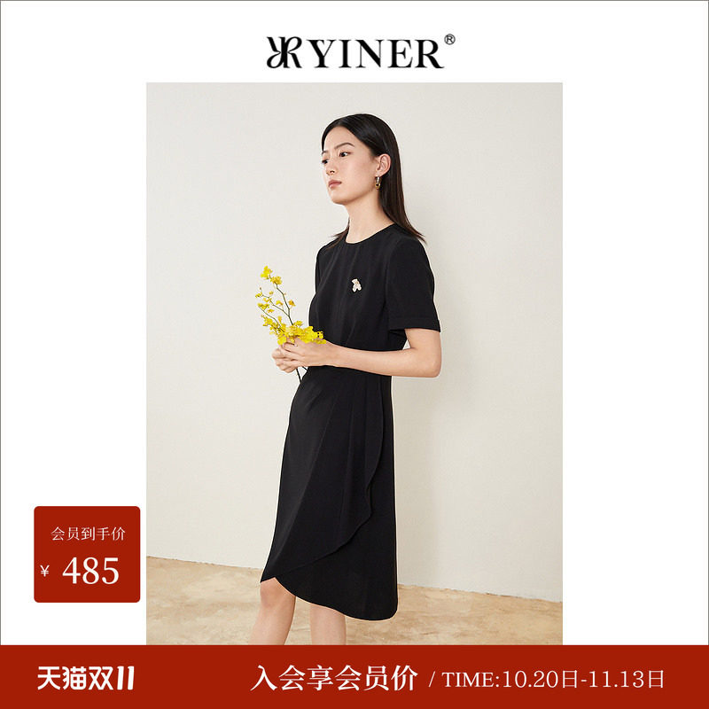 YINER音儿专选女装夏季简约法风褶皱短袖不对称修身连衣裙