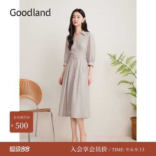 Goodland美地女装秋季卡其色七分袖收腰衬衫连衣裙长袖