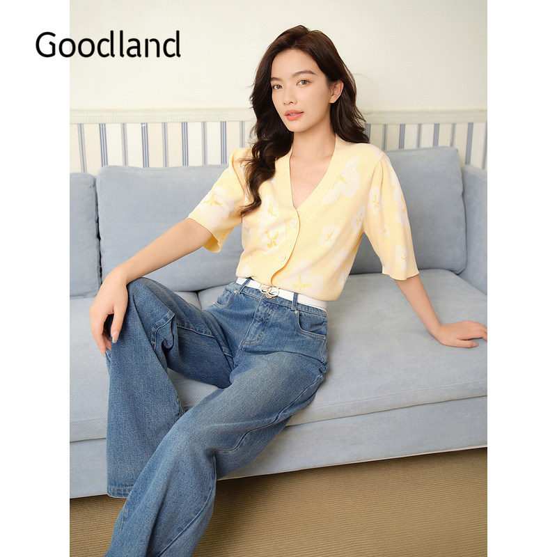Goodland美地夏季花朵提花V领毛针织衫短袖上衣图片