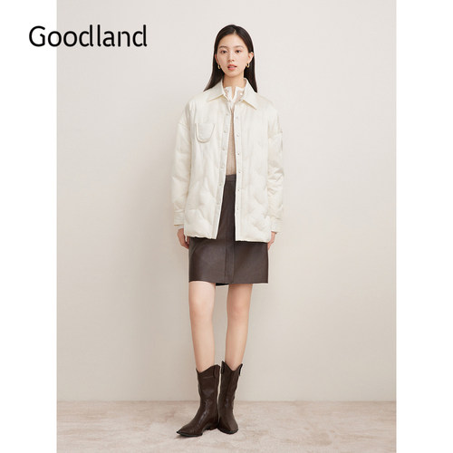 Goodland美地女装冬季桑蚕丝衬衫式棉衣衍绣棉服