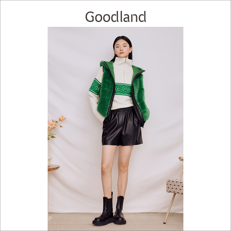 Goodland美地女装冬季时尚拼接无袖连帽环保羊毛皮草马夹外套