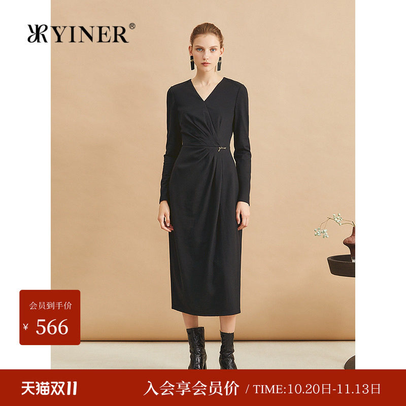 【美丽诺羊毛】YINER音儿冬季时尚法式收褶收腰连衣裙女V领内搭