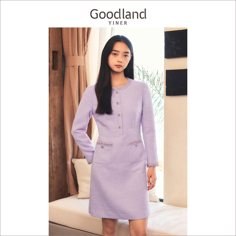 【名媛小香风】Goodland美地女装冬季织带 直身H型连衣裙