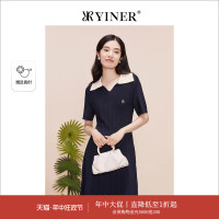 YINER音儿专选女装夏季撞色翻领针织肌理收腰连衣裙