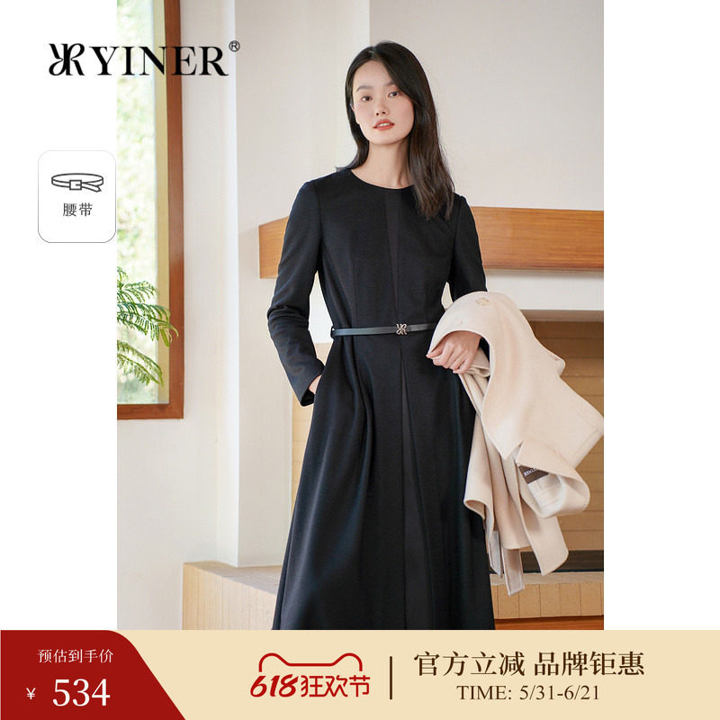 YINER音儿专选女装冬季时尚羊毛法式小黑裙收褶连衣裙