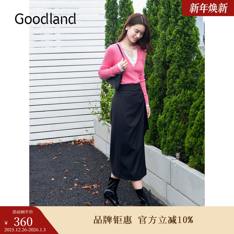 Goodland美地秋季法式褶小黑裙收腰飘带半身裙
