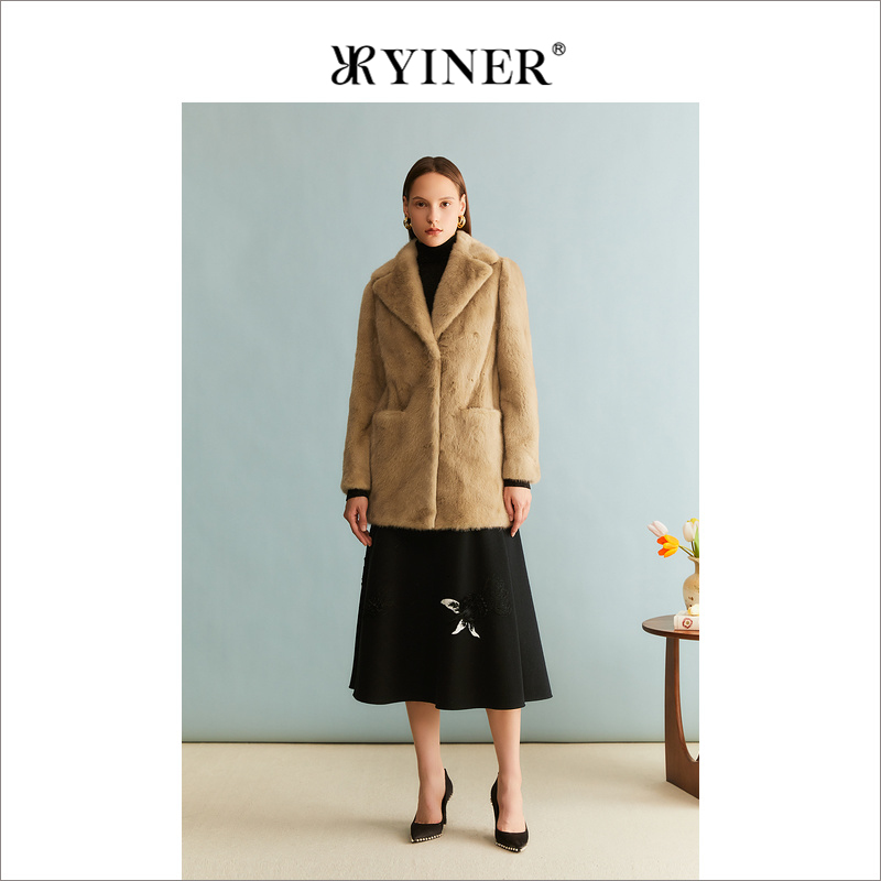 YINER音儿冬季女装一片式绒暖水貂毛皮真皮皮草廓形外套