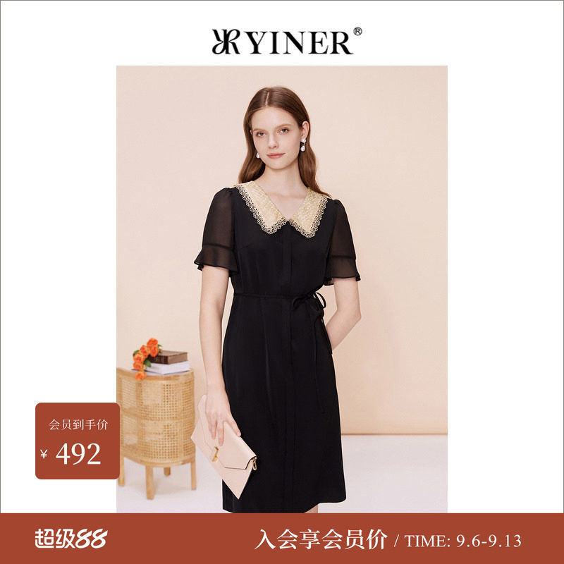 YINER音儿专选女装夏季法式优雅蕾丝拼接翻领收腰修身连衣裙图片