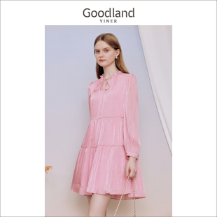 闪葱肌理木耳花边领娃娃连衣裙 法式 Goodland美地女装 秋季
