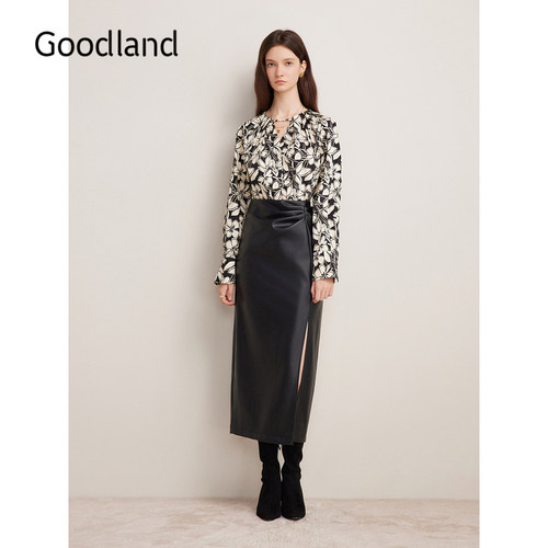 Goodland美地秋季纯棉碎花衬衫镂空小V领印花上衣长袖