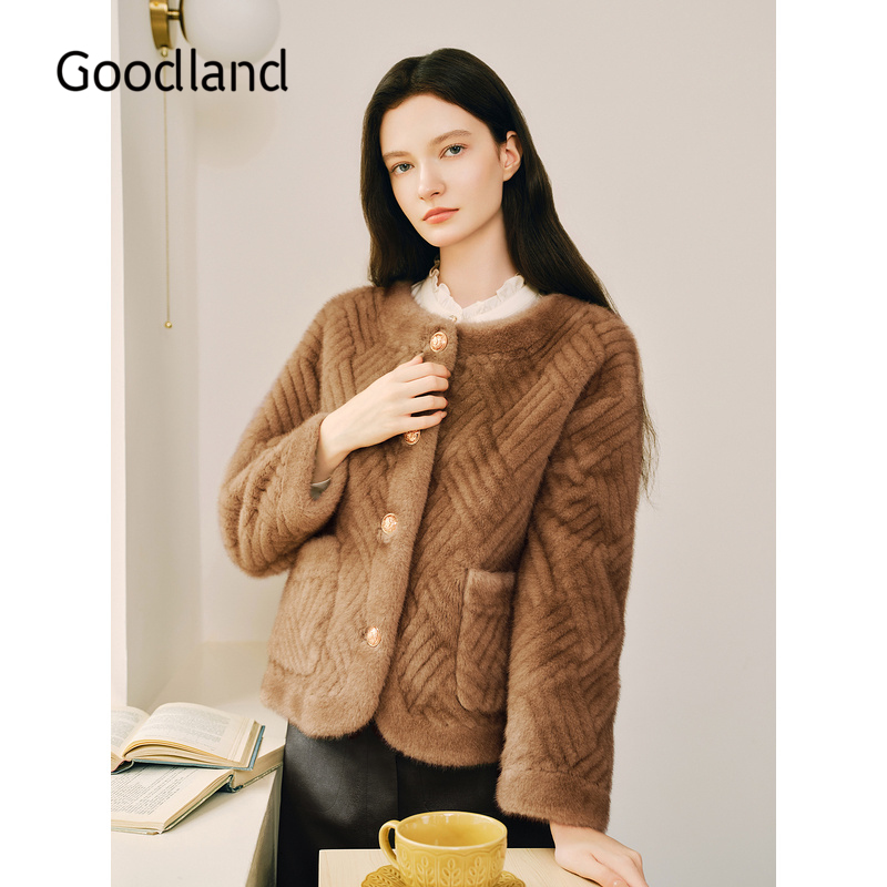 Goodland美地女装冬季时尚编织纹理小香风休闲仿皮草短外套