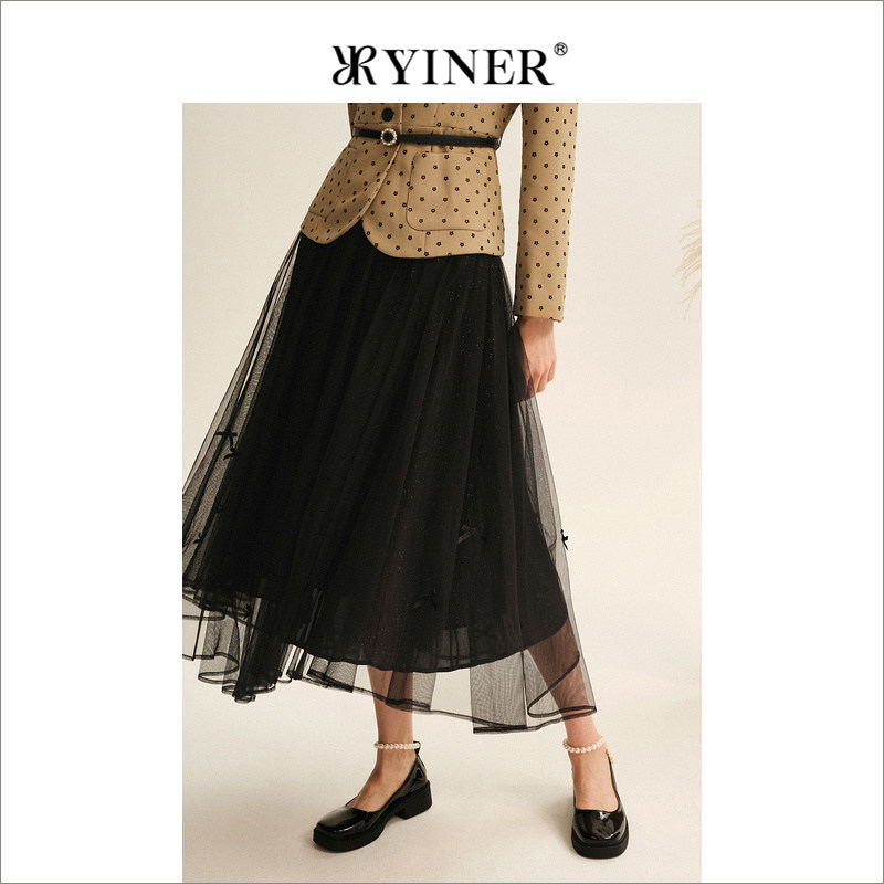YINER音儿专选不规则雪纺网纱A字小黑裙蝴蝶结半身裙