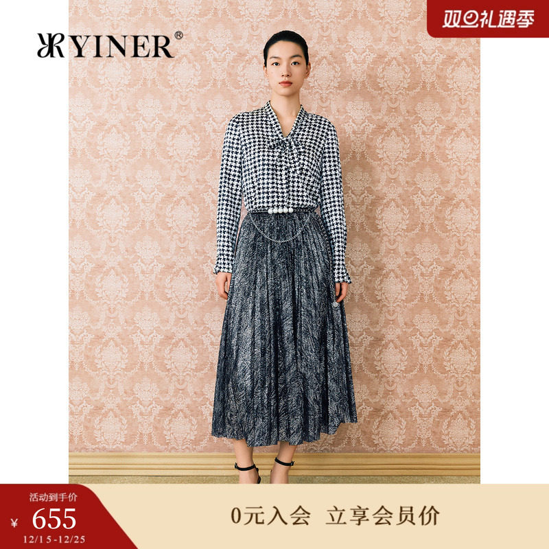 【真丝系列】YINER音儿女装冬季时尚飘带领千鸟格桑蚕丝衬衫上衣