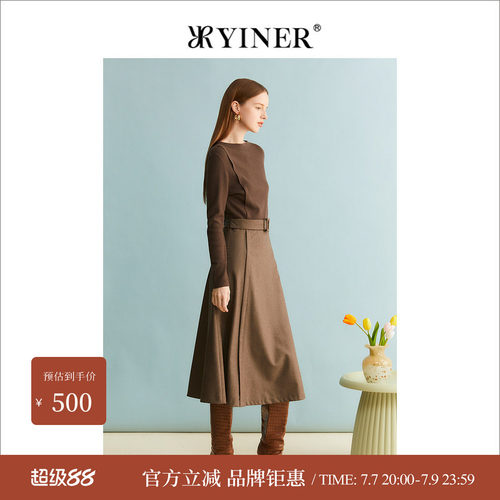 YINER音儿女装冬季时尚绵羊毛拼接针织收腰A字连衣裙