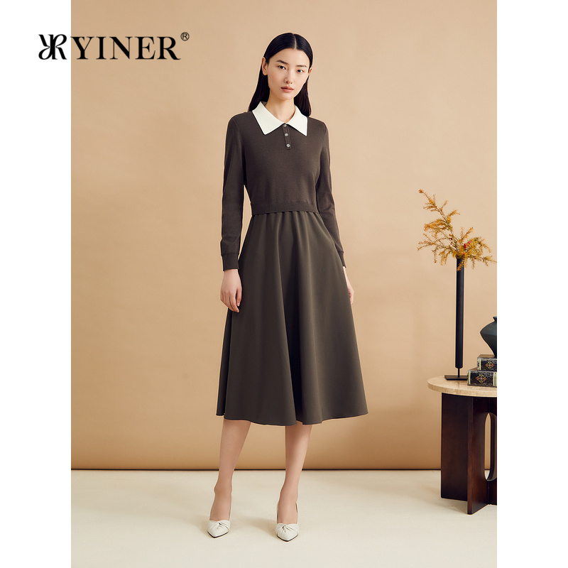 YINER音儿秋季时尚桑蚕丝撞色翻领假两件小A字连衣裙