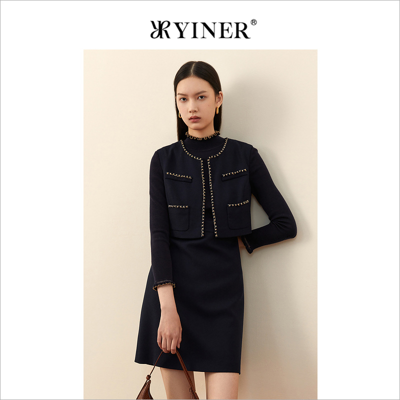 YINER音儿女装冬季亮丝撞色V领羊毛针织连衣裙