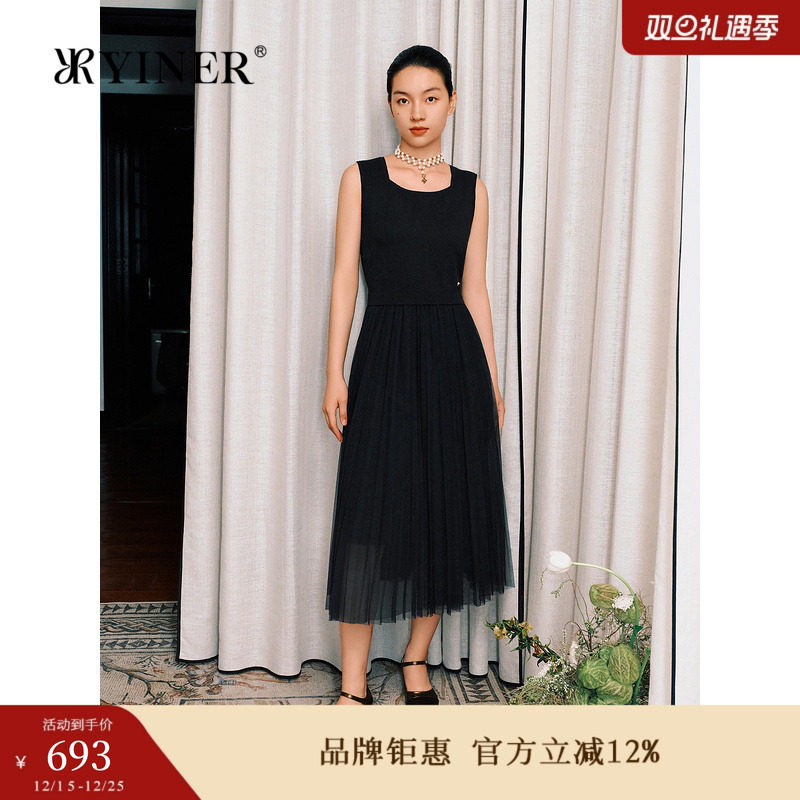 YINER音儿女装秋季法式复古方领小黑裙优雅针织连衣裙