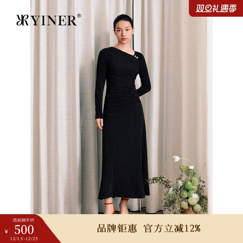 【1996系列】YINER音儿女装冬季时尚法式收褶小黑裙亮丝连衣