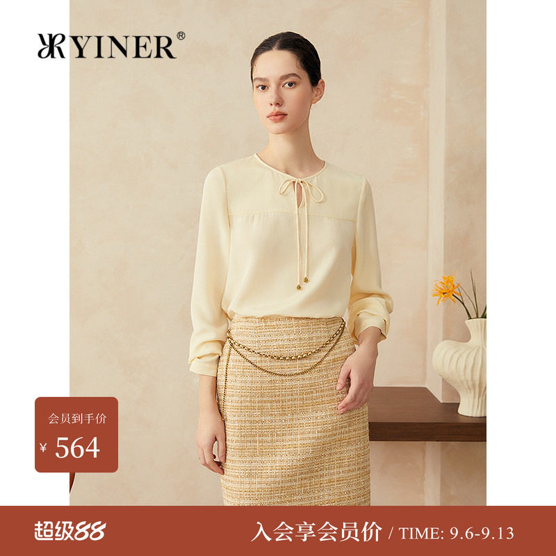 YINER音儿女装春季法式系带圆领弹力重绉桑蚕丝衬衫上衣长袖通勤