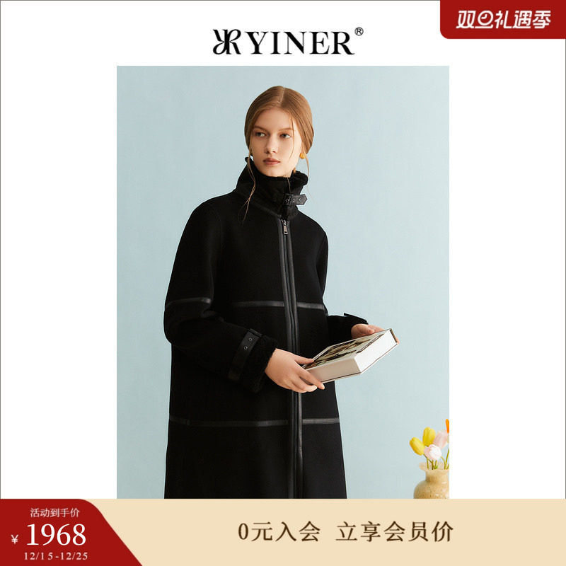 【100绵羊毛】YINER音儿专选女装冬季中长款保暖毛领大衣厚实