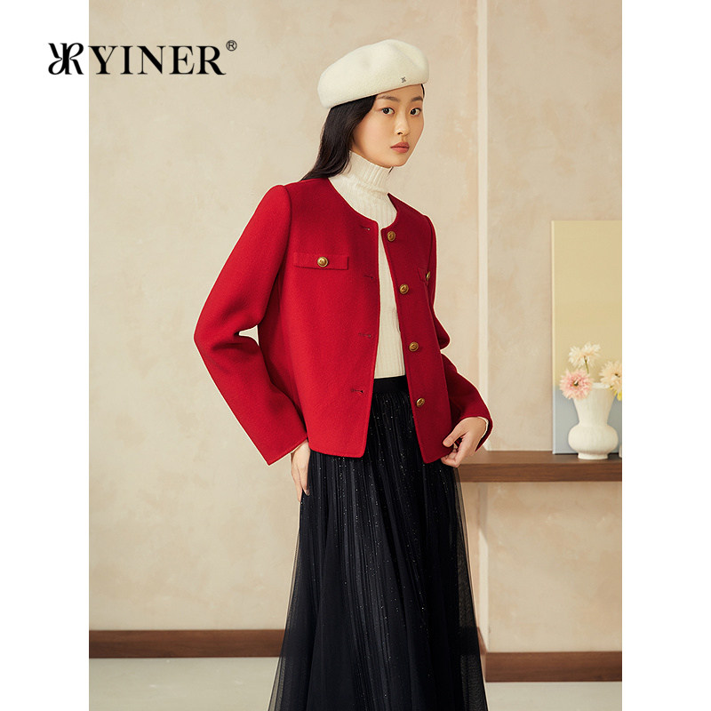 【断码清仓】【中国红】YINER音儿专选春小香风羊毛双面呢短外套