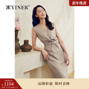 S型无袖 YINER音儿女装 优雅V领收褶修身 法式 气质连衣裙 夏季