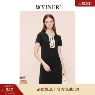 夏季 YINER音儿专选女装 蕾丝翻领木耳边拼接连衣裙 小香风