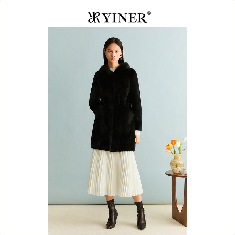 YINER音儿女装冬季绒暖水貂毛皮真皮皮草中长款外套