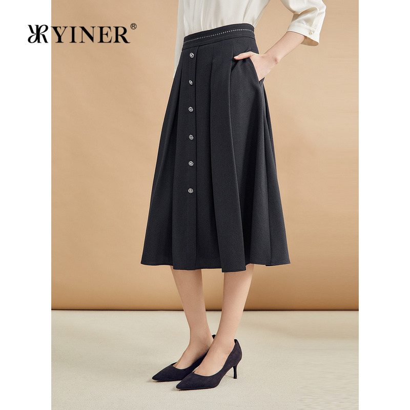 YINER音儿专选秋季通勤风中长款纽扣拼接A字裙半身裙