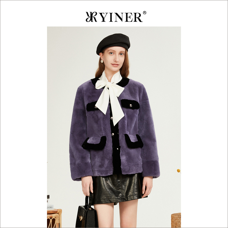 YINER音儿专选女装冬季短款撞色圆领兔毛皮草外套