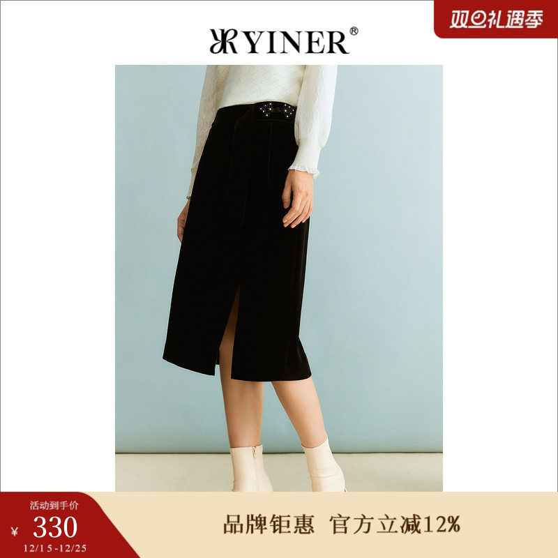 YINER音儿专选冬季女装通勤职场小黑裙设计感前开衩半身裙
