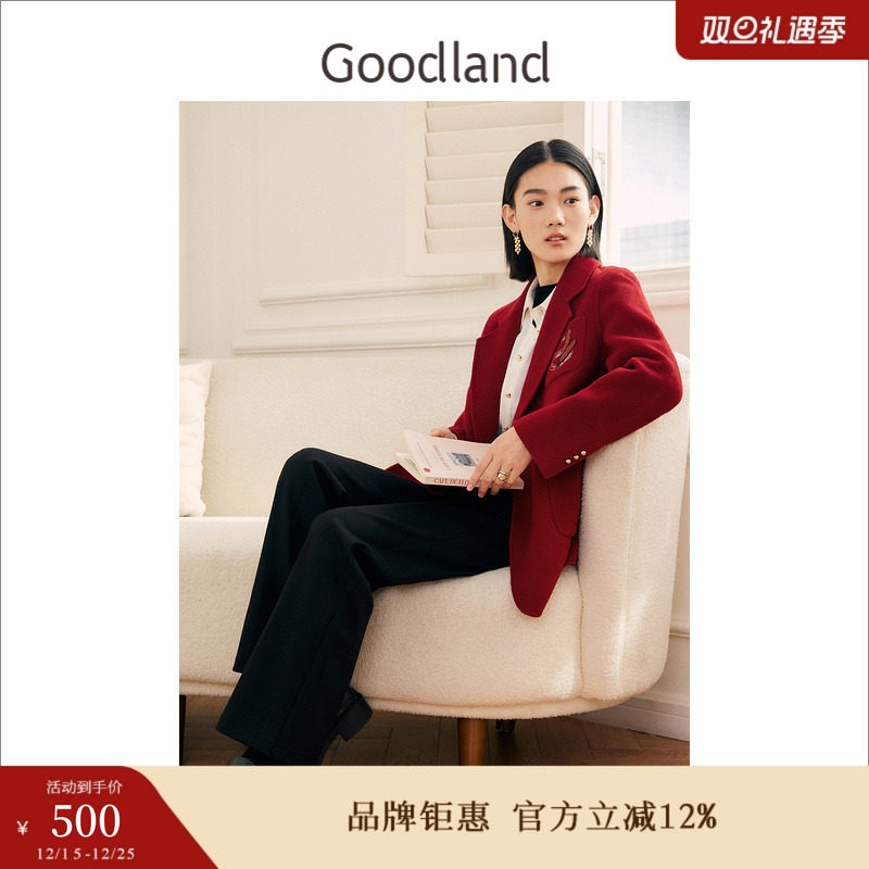 【中国红】Goodland美地女装冬季短款绣花西装领纯羊毛双面呢