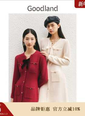 【中国红】Goodland美地冬季千金风针织蝴蝶结香风连衣裙