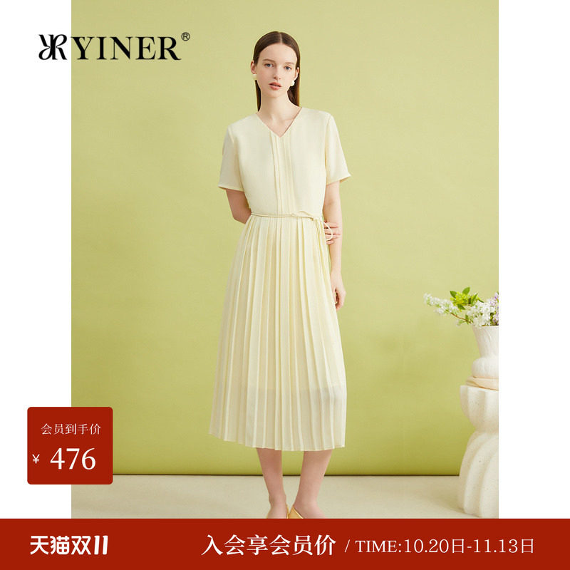 YINER音儿专选夏季法式V领系带收褶收腰百褶优雅连衣裙