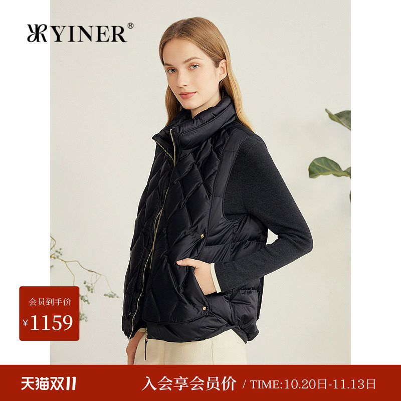 YINER音儿专选秋季新款柔润缎面菱格纹风琴褶羽绒马甲背心外套女