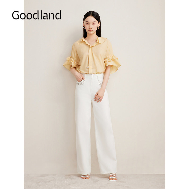 Goodland美地夏季衬衫花边喇叭袖上衣