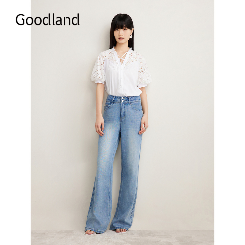 Goodland美地夏季法式优雅刺绣衬衫花边泡泡袖短袖上衣