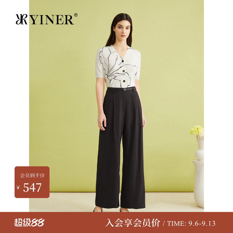 YINER音儿专选夏季时尚上衣艺术鸢尾图案V领针织开衫图片