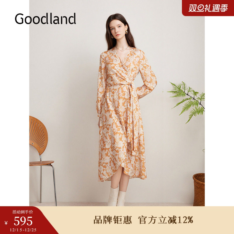 Goodland美地秋季法式朱伊碎花茶歇交叠V领连衣裙