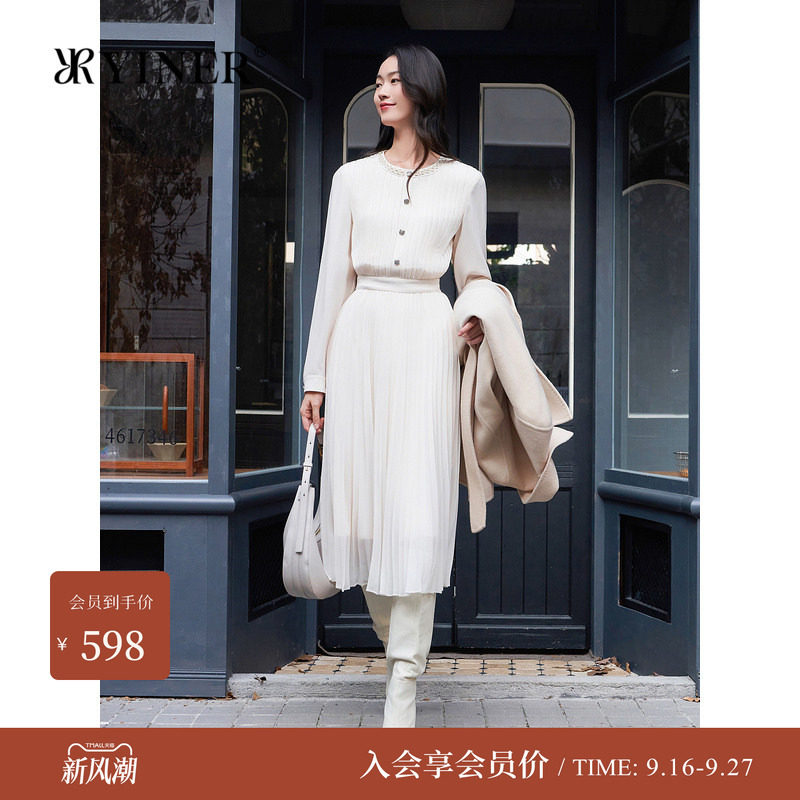 YINER音儿专选女装冬季艺术皱褶收腰百褶连衣裙