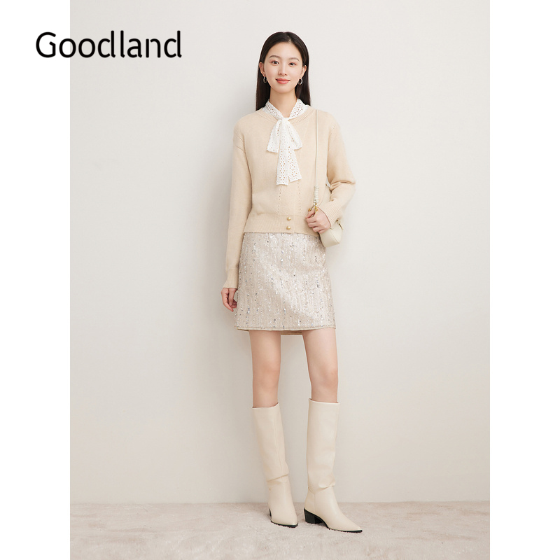 Goodland美地女装女装冬季时尚羊毛斜门襟软糯毛针织衫