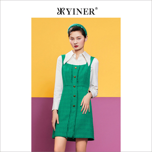 YINER音儿女装秋季小香风针织裙方领粗花呢连衣裙