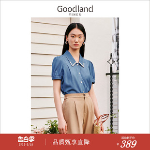 牛仔系列 Goodland美地女装 夏季 翻领 手工钉珠衬衫 短袖