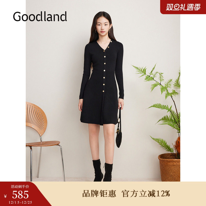 Goodland美地秋季金丝闪葱小黑裙针织连衣裙