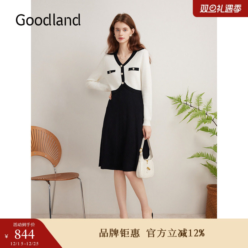 Goodland美地女装秋季时尚小香风黑白撞色海鸥领针织连衣裙