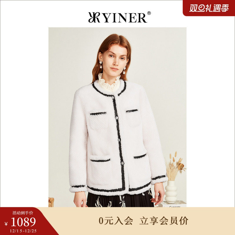 YINER音儿专选女装冬季时尚撞色皮革勾边保暖环保羊毛皮草外套