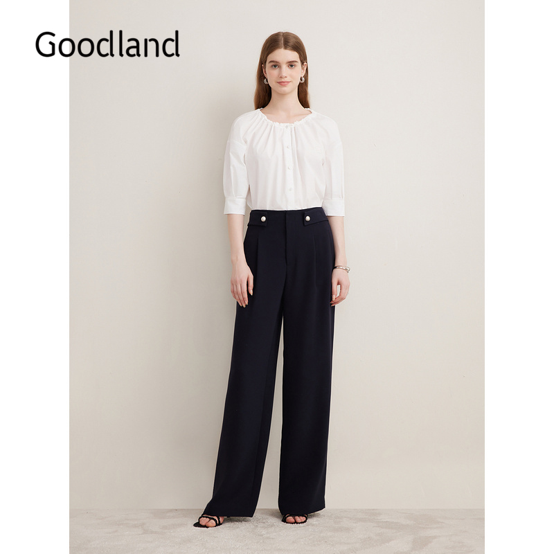 Goodland美地女装秋季高腰腰袢垂坠长裤阔腿休闲裤