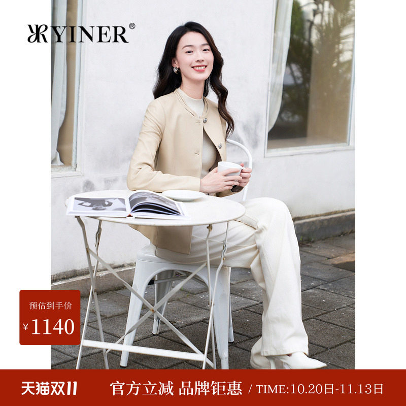 【优雅衣橱】YINER音儿专选新中式镂空领真皮羊皮衣夹克外套女