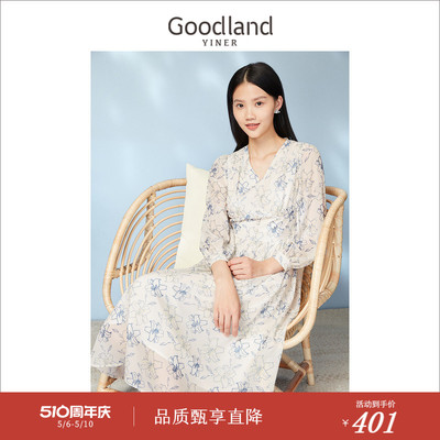 Goodland美地女装春季别致绣花印花设计感茶歇V领连衣裙